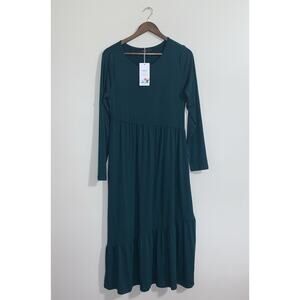 HAEOF Long Sleeve Green Stretchy Midi Women Asymmetrical A Line Dress Size M